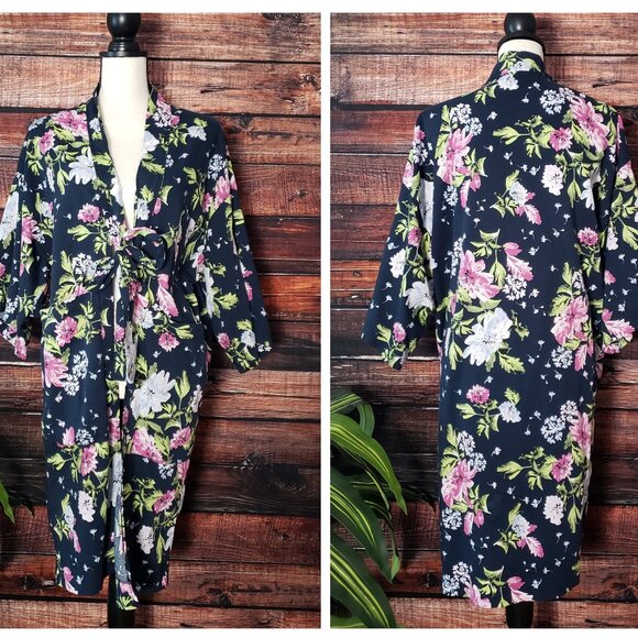 Banana Republic Kimono Robe One Size Tie Front Pockets Navy Floral Cotton Rayon - Picture 3 of 9